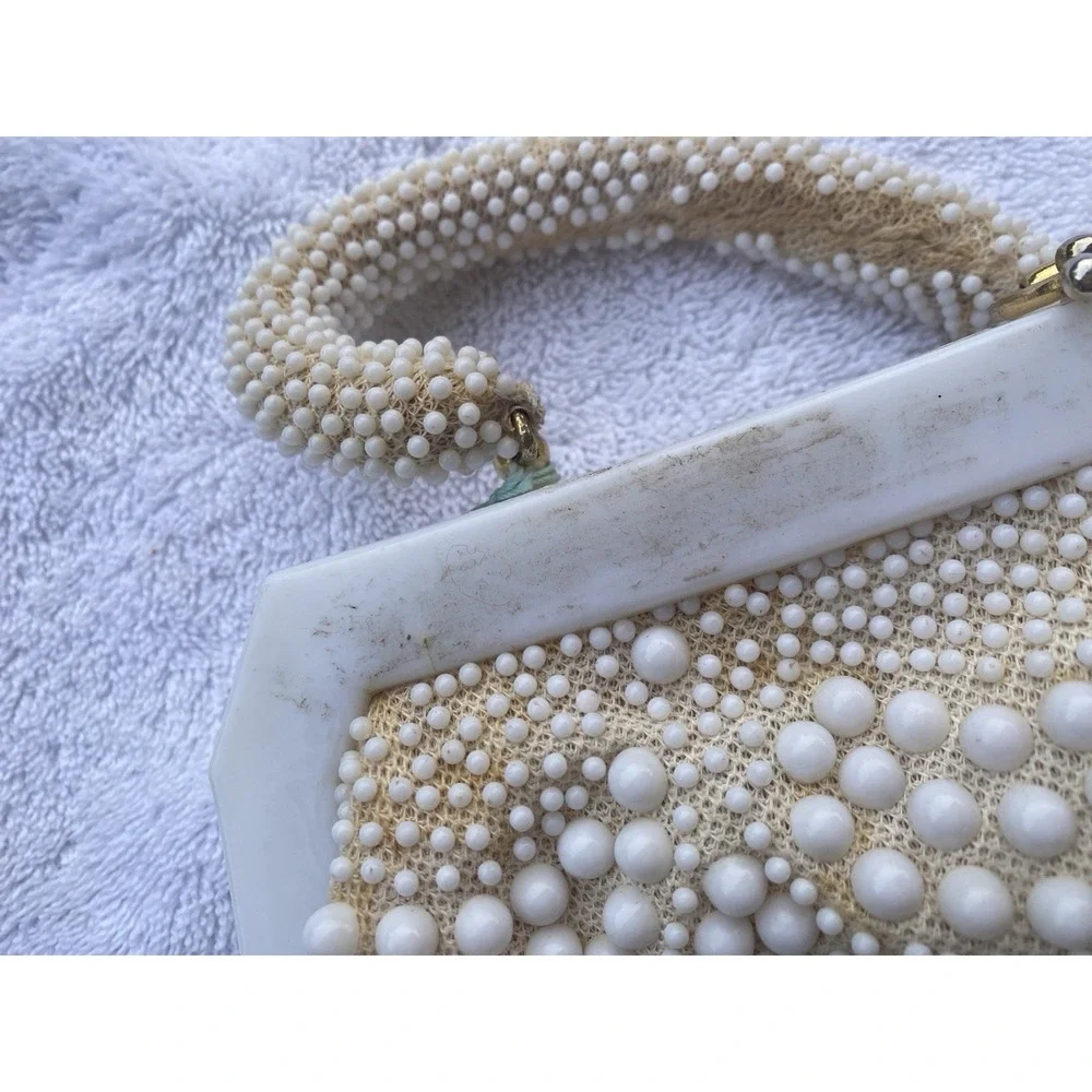 VTG‎ 1940s White Beaded Handbag Celluloid Frame Purse Handmade Hong Kong